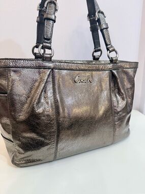 Coach Gallery F17721 Metallic Silver Leather Medium East West Tote Shoulder Bag